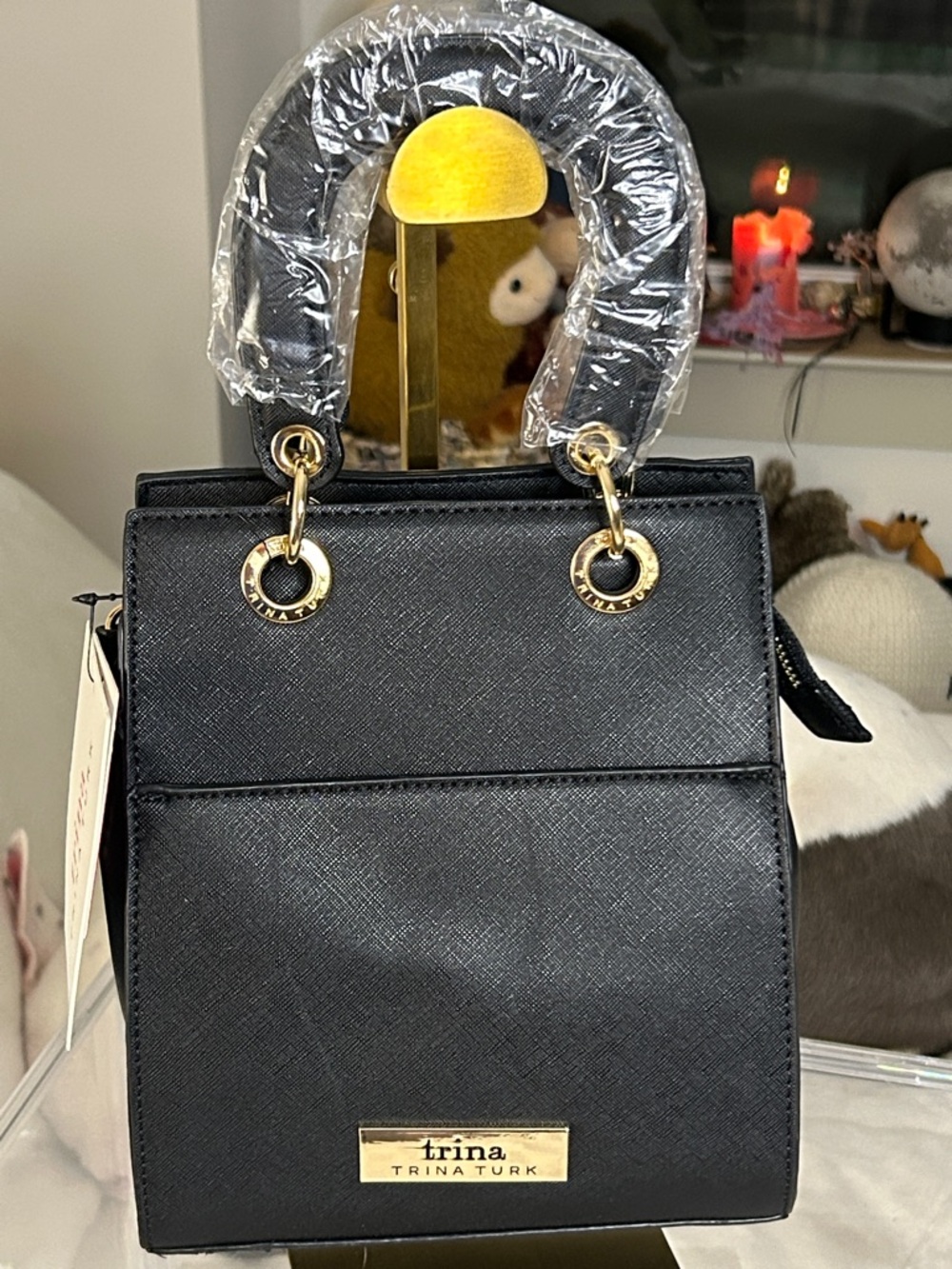 Trina Turk Black Mini Top-Handle Satchel/Crossbody with Gold Hardware NWT